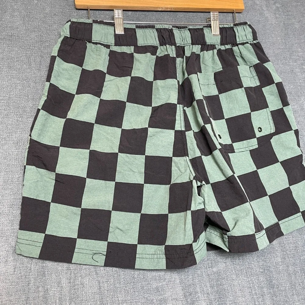 Forever 21 Board Shorts Mens Large Green Black Check Pockets Drawstring Waist